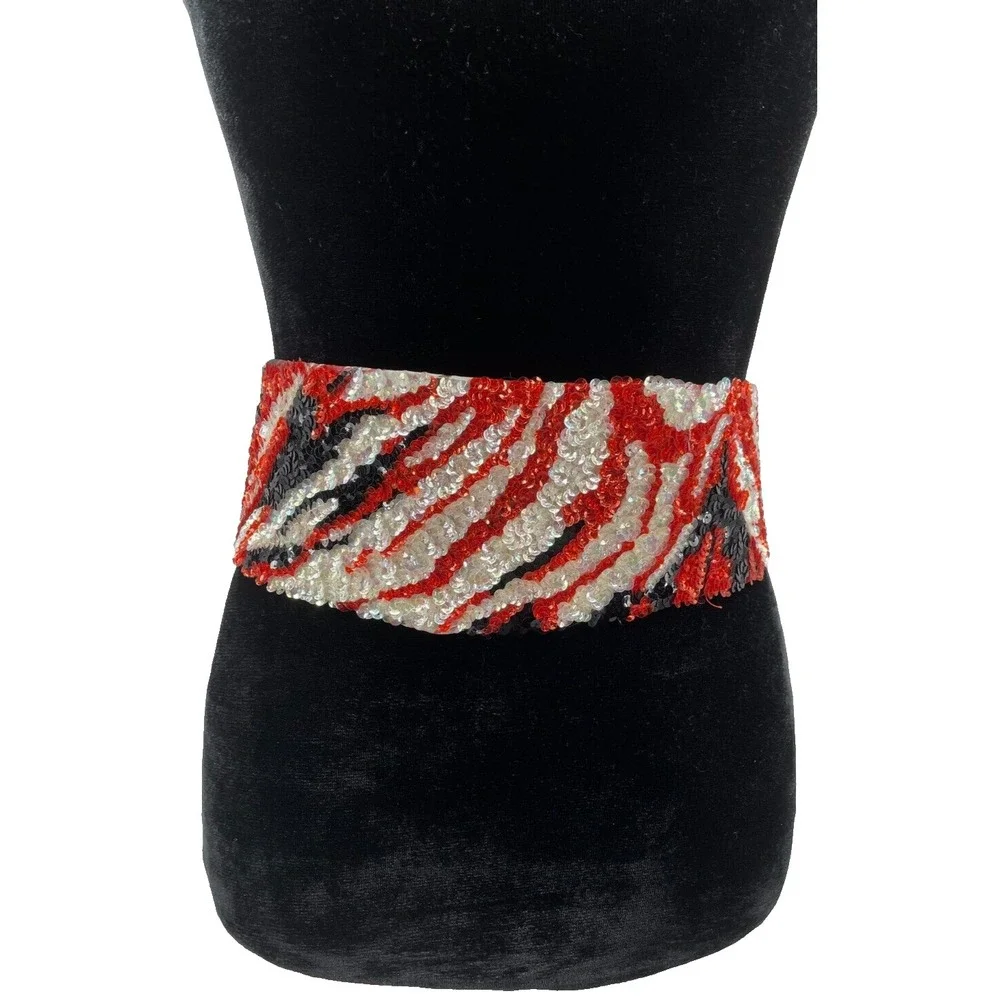 Vintage La Mendola Minuet Art Deco Hand Beaded Red Black Pure Silk Chiffon Belt